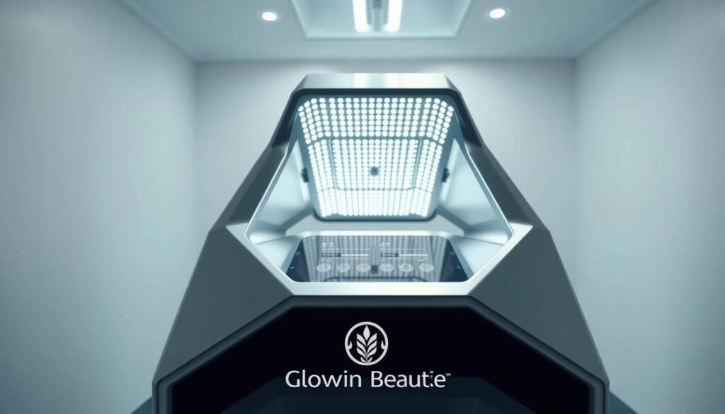 Oligio X 原美電波: a sleek, futuristic medical device with a striking, angular design. Smooth metallic casing reflects an array of glowing LEDs, casting a soft, therapeutic light. In the foreground, the Glowin Beaute logo is prominently displayed, conveying the device's high-tech and clinical pedigree. The middle ground features the device's control panel, with intuitive touch interfaces and precise digital readouts. The background depicts a serene, minimalist medical setting, with clean, white walls and subtle, indirect lighting, creating a calming atmosphere. The overall scene exudes a sense of advanced, cutting-edge technology delivering reliable, effective treatments.