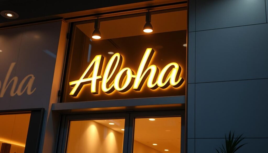A brightly lit, captivating storefront with a prominent "Aloha" sign glowing against a clean, modern background. The sign is made of sleek, illuminated letters that cast a warm, inviting glow, drawing the viewer's attention. The store facade is a mix of glass, metal, and minimalist design elements, exuding a sense of sophistication and high-end brand identity. Carefully placed lighting fixtures accentuate the sign's features, creating depth and dimension. The overall scene conveys a strong, memorable brand presence that would elevate the customer's perception and leave a lasting impression.