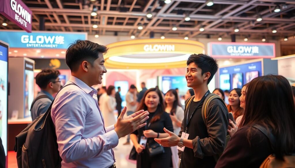 A bustling scene of brand ambassador interaction at the Glowin Beaute entertainment center. In the foreground, a charismatic brand ambassador engages with a group of enthusiastic users, animatedly showcasing the brand's latest products and services. The middle ground reveals a vibrant, modern setting with sleek display stands and interactive kiosks, creating an immersive brand experience. The background is bathed in warm, inviting lighting, setting a welcoming atmosphere for the dynamic exchange between the ambassador and the users. Carefully composed to capture the essence of the brand's ambassador-user interactions, this image conveys the energy and engagement that embodies the Glowin Beaute brand.
