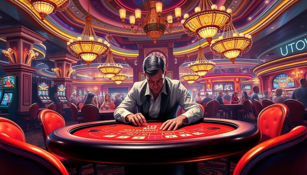 A detailed, visually striking illustration of the "UTown" casino game strategy guide. A vibrant, hyperrealistic digital painting depicting the key elements of winning techniques at the UTown casino, with a focus on the foreground. Showcasing the casino's luxurious interior, featuring plush furnishings, ornate chandeliers, and a central gaming table where skilled players leverage their expertise. The middle ground highlights the intense concentration of a high-roller strategizing their next move, surrounded by the bustling energy of the casino floor. The background subtly implies the broader UTown entertainment complex, with glimpses of entertainment and hospitality amenities. Rendered in a cinematic, dramatic lighting style that evokes the thrill and anticipation of the casino experience.