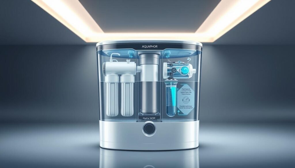 A high-quality, detailed illustration of the Aquaphor water purifier's key technical features. Showcase the purifier's sleek, modern design in a well-lit studio setting, with a smooth, reflective surface that reveals the inner workings. Depict the various filtration stages and purification processes using clear, informative diagrams and cutaway views. Highlight the advanced technologies like reverse osmosis and UV disinfection in a visually compelling manner. Convey the purifier's efficiency, reliability, and ability to provide clean, healthy water through a balanced, aesthetically pleasing composition.