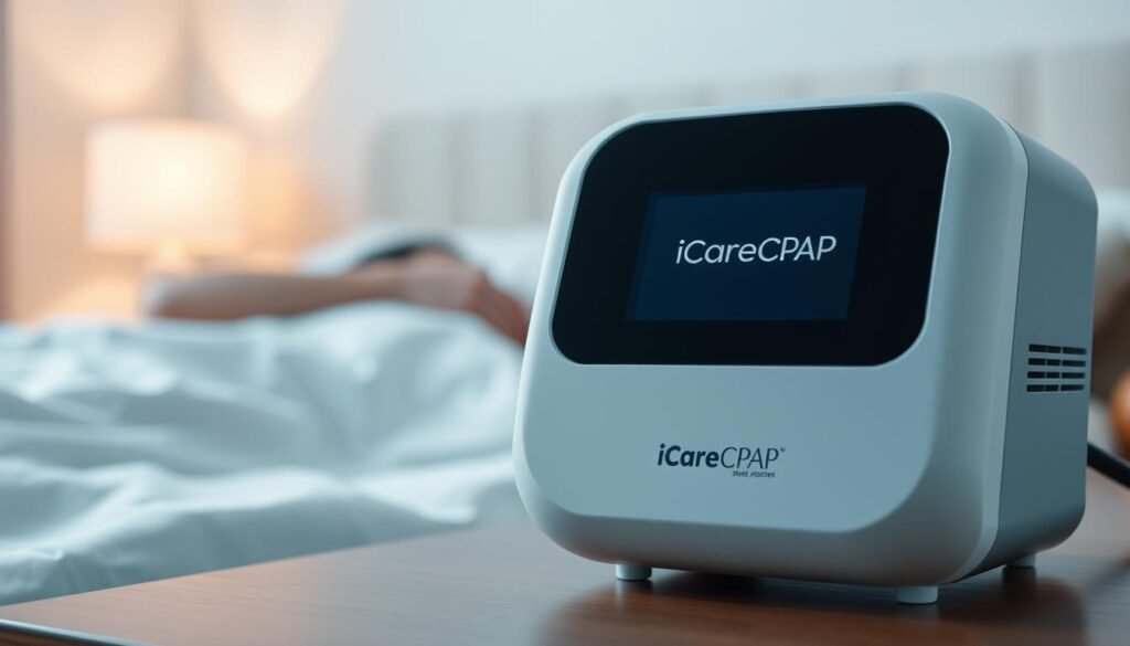 A high-quality, sleek and modern medical device with the iCareCPAP brand name prominently displayed. The device is positioned in the foreground, featuring a clean and minimalist design with a smooth, matte white finish. In the middle ground, a serene and calming bedroom scene with a person sleeping peacefully, underscoring the device's purpose for treating sleep apnea. The background is softly blurred, creating a sense of depth and focus on the device. The overall lighting is soft and diffused, creating a soothing and relaxing atmosphere. The angle is slightly elevated, giving the device a professional and authoritative presence.