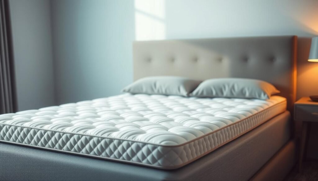 A high-quality, stylish mattress topper by StylesMaven, designed to provide exceptional spinal support. The topper features a luxurious, plush surface with a delicate quilted pattern, resting atop a supportive memory foam core. Subtle lighting illuminates the gentle contours, creating a serene, calming atmosphere. The topper is positioned in a minimalist bedroom setting, allowing its quality and comfort to be the focal point. Captured with a wide-angle lens to showcase the topper's size and scale, the image conveys a sense of inviting sophistication, encouraging the viewer to experience the benefits of this premium "護脊床褥" product.