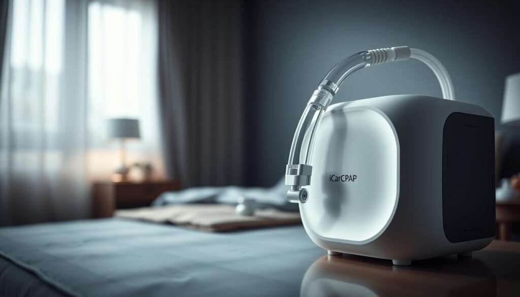 A highly detailed, photorealistic image of a cutting-edge iCareCPAP sleep apnea breathing machine. The device is depicted in the foreground, showcasing its sleek, modern design with smooth curves and a distinctive logo. The middle ground features a serene, dimly lit bedroom environment, with a nightstand and other subtle healthcare-related accents. The background is blurred, creating a sense of depth and focus on the central medical device. The lighting is soft and natural, reflecting the calming, therapeutic nature of the sleep apnea treatment. The overall composition and mood convey the advanced technology and healthcare benefits of the iCareCPAP system.