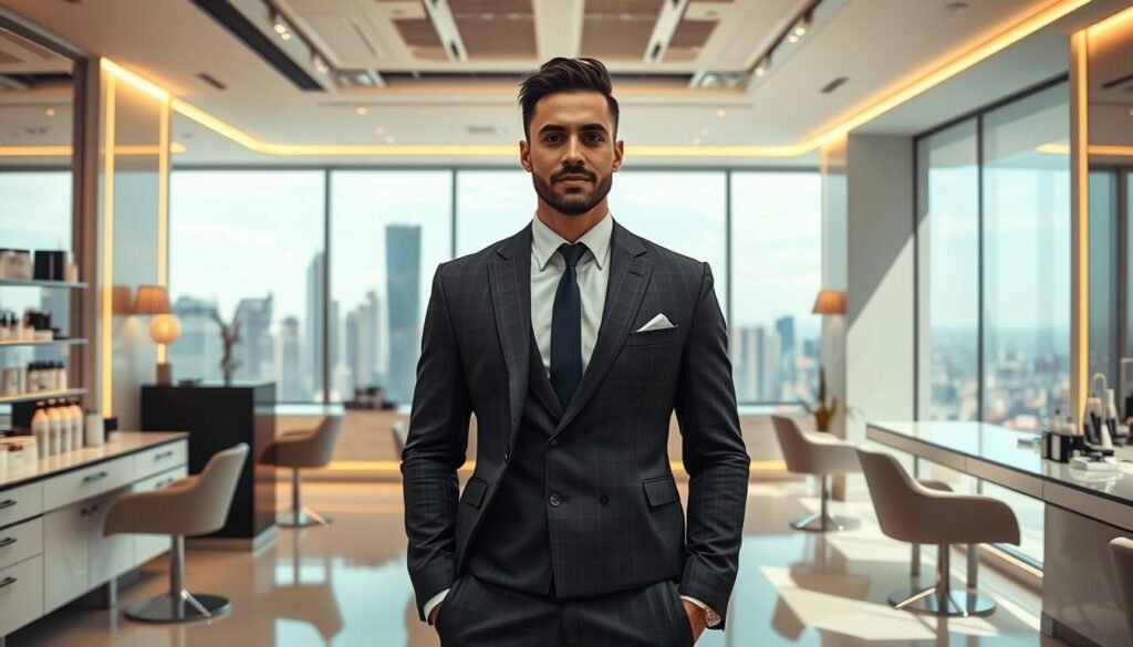 A modern, luxurious beauty salon set in a contemporary city skyline. In the foreground, a well-dressed, charismatic brand ambassador stands confidently, showcasing the "Glowin Beaute" product line. The middle ground features a sleek, minimalist interior with carefully curated decor and lighting, creating an aspirational atmosphere. The background reveals a panoramic view of the city, with skyscrapers and a vibrant urban landscape. The overall scene conveys a sense of sophistication, exclusivity, and the brand's commitment to excellence, reflecting the standards and process by which Glowin Beaute selects its brand representatives.