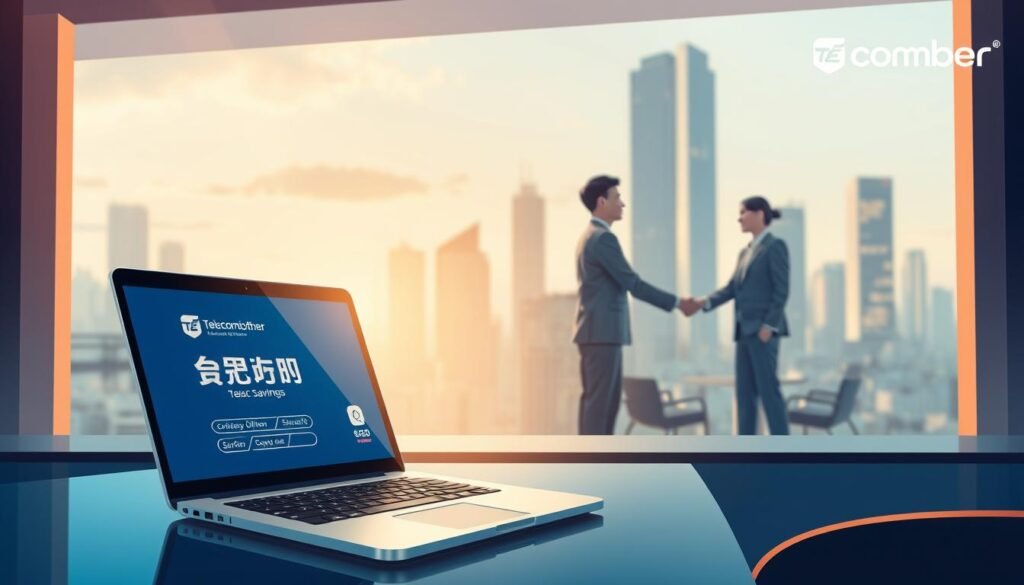 A professional, modern illustration showcasing "轉台優惠" for small and medium enterprises. In the foreground, a Telecombrother logo-adorned laptop displays offers and savings. In the middle ground, business people shake hands, symbolizing the collaborative nature of the promotion. The background features a cityscape with skyscrapers, hinting at the commercial context. The lighting is soft and warm, creating a welcoming atmosphere. The overall scene conveys a sense of opportunity, progress, and the advantages of upgrading telecom services for SMEs.