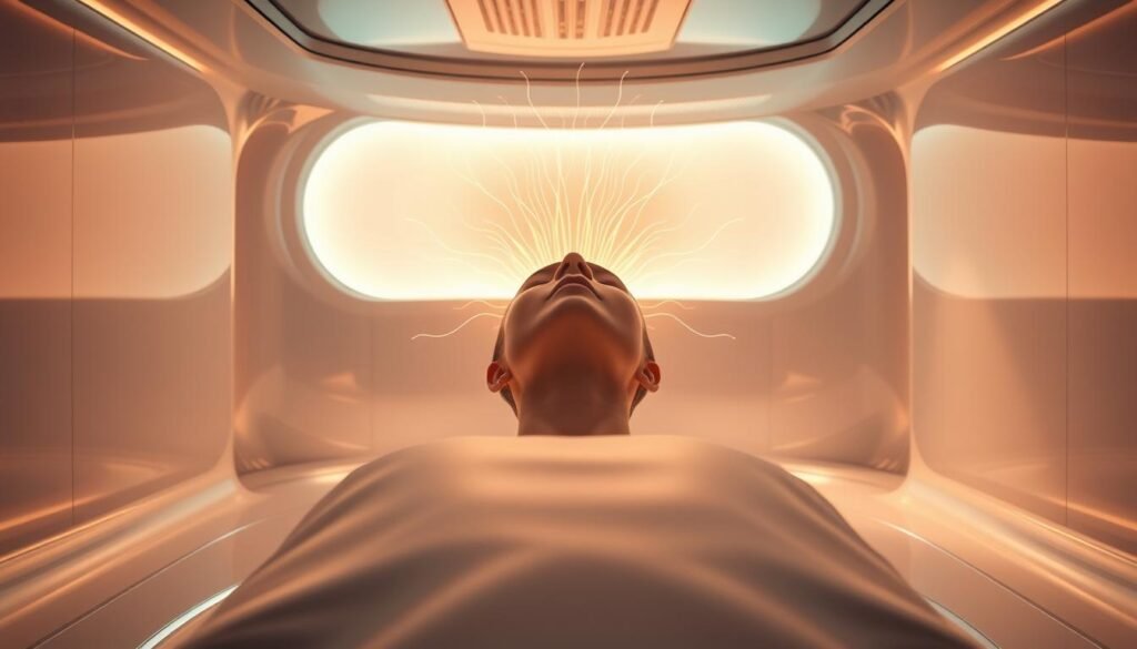 A serene and futuristic medical chamber, bathed in a warm glow from Glowin Beaute's Oligio X 原美電波device. Sleek, chrome-like surfaces reflect the gentle GXG deep-layer heating technology, which stimulates the production of collagen and elastin in the skin. Wisps of energy radiate from the device, visualizing the restorative process. The atmosphere is tranquil and therapeutic, with a hint of advanced technological prowess. Soft, diffused lighting casts an ethereal ambiance, highlighting the rejuvenating effects of the GXG technique. The scene conveys the harmony between cutting-edge science and holistic wellness.