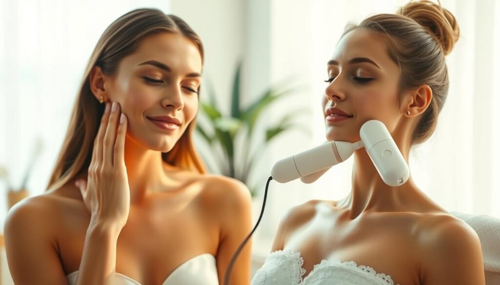 A serene, well-lit scene showcasing the diverse application areas of the Glowin' Beaute Oligio X technology. In the foreground, a model's hand gently glides over her glowing, hydrated skin, highlighting the device's ability to enhance skin moisture and plumpness. In the middle ground, the same model relaxes as the Oligio X device is applied to her neck, shoulders, and décolletage, demonstrating its versatility. The background features a softly blurred, calming environment, conveying a sense of luxurious self-care. Captured with a warm, natural lighting setup and a shallow depth of field, this image embodies the transformative power of the Glowin' Beaute Oligio X treatment.