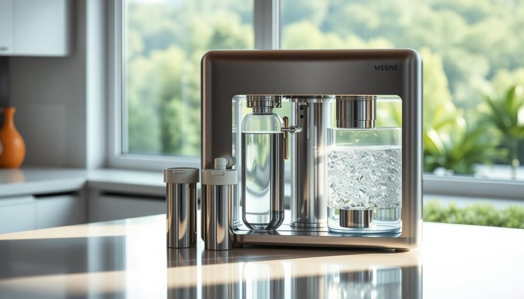 A sleek, modern water purifier system sits on a clean, minimalist kitchen countertop. The device's stainless steel exterior gleams under soft, diffused lighting, reflecting the surrounding environment. In the foreground, various water filtration components are visible, showcasing the intricate inner workings of the purifier. The middle ground features a transparent water container, allowing the viewer to see the clarity of the purified water. In the background, a window overlooks a lush, verdant landscape, evoking a sense of purity and natural harmony. The overall scene conveys the advanced technology and environmental benefits of this water purification system.