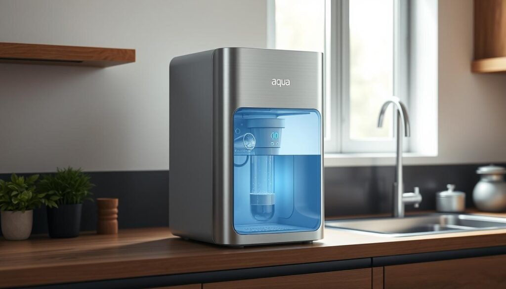 A sleek, modern water purifier with a clean, minimalist design sits prominently on a kitchen counter. Soft, natural lighting illuminates the device, highlighting its smooth, brushed metal housing and intuitive control panel. The purifier's advanced filtration system is depicted through a transparent section, showcasing the intricate inner workings and highlighting the technological sophistication of the Aqua (愛惠浦) brand. The scene conveys a sense of reliability, efficiency, and environmental consciousness, aligning with the product's unique technical advantages.