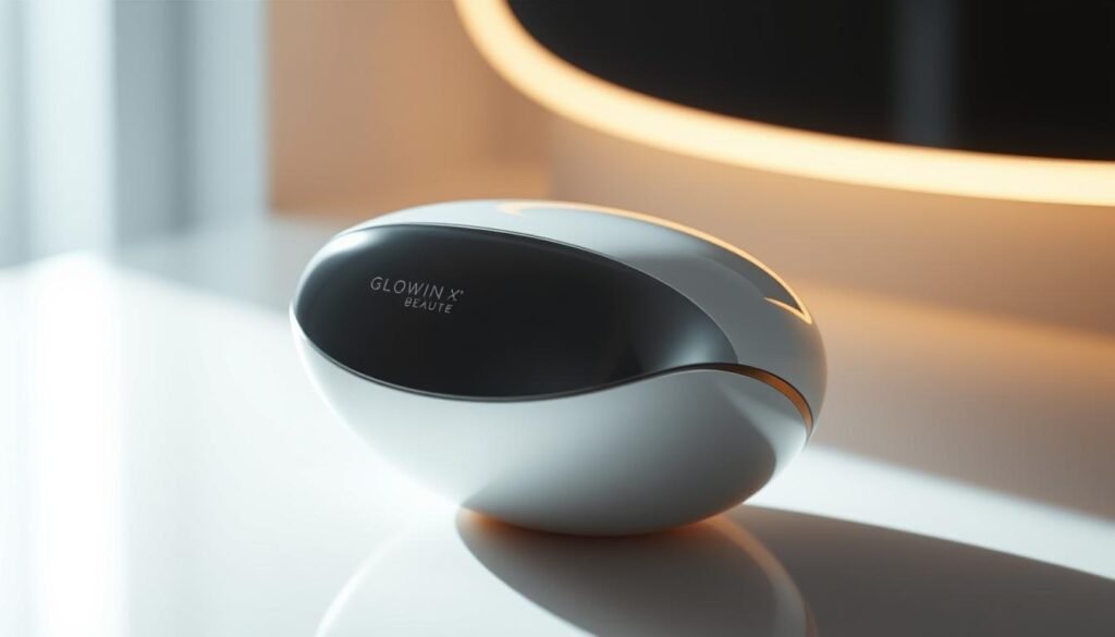 A striking close-up of the Glowin' Beaute Oligio X device, showcasing its sleek, modern design. The device is centered in the frame, illuminated by soft, directional lighting that casts gentle shadows, accentuating its contoured surface. The background is blurred, creating a sense of depth and focus on the product. The image conveys a premium, high-tech aesthetic, hinting at the device's advanced functionality and the "三大獨特優勢" (three unique advantages) that empower its skin-enhancing capabilities.
