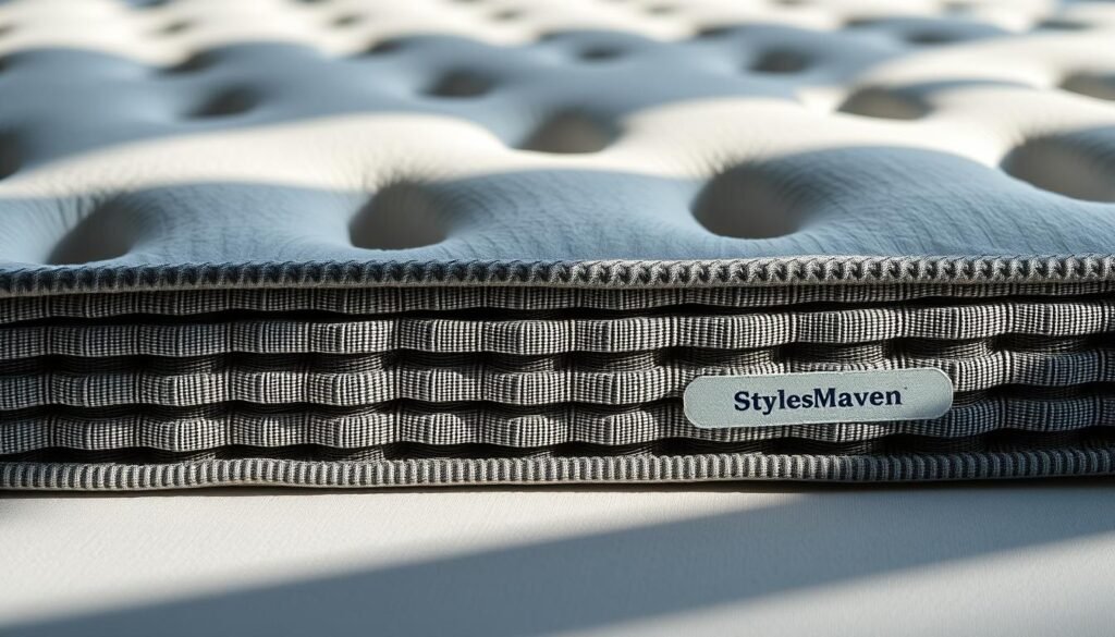 Detailed close-up view of an independent coil spring mattress in the StylesMaven brand, showcasing the individual fabric-encased coils arranged in a grid pattern. The mattress is elevated on a white surface, with soft natural lighting from the side creating shadows and highlights to emphasize the intricate construction. The overall composition conveys a sense of precision, quality, and the thoughtful engineering behind the independent coil design.