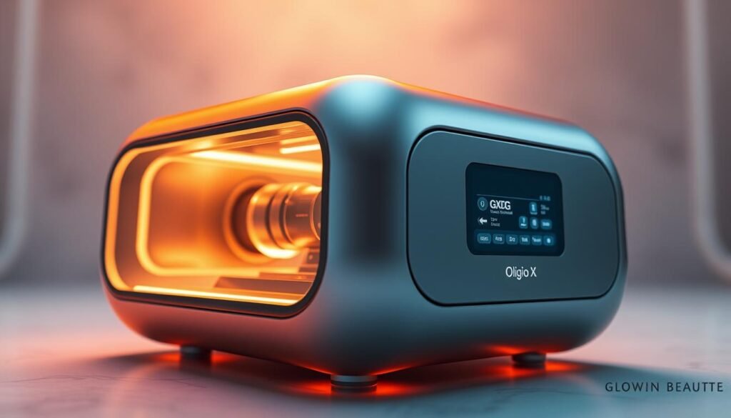 Oligio X 原美電波 GXG 深淺層加熱模式: a sleek, futuristic device with a Glowin Beaute branded control panel. Smooth metallic casing in a minimalist design, precision-engineered components visible through strategically placed transparent panels. Warm, soft lighting emanates from the device, creating an inviting, high-tech ambiance. The camera captures the device at a low angle, emphasizing its technical sophistication. Depth of field blurs the background, keeping the focus on the innovative GXG heating mechanism at the core of the Oligio X. An ethereal, serene mood pervades the scene, hinting at the device's advanced, rejuvenating capabilities.