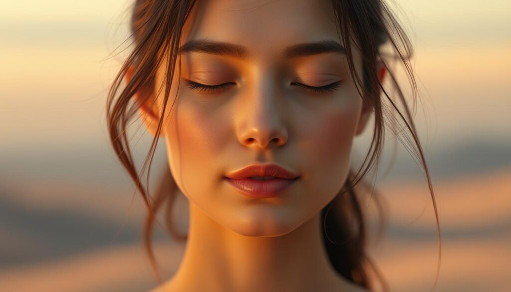 Oligio X 原美電波: a captivating image showcasing a serene, luminous face bathed in a soft, ambient glow. The skin radiates a healthy, dewy finish, accentuated by the Glowin' Beaute brand's innovative technology. Delicate, wispy strands of hair frame the face, adding depth and movement. The background is a tranquil, pastel-tinted landscape, evoking a sense of relaxation and rejuvenation. Warm, diffused lighting casts a flattering, natural-looking radiance, highlighting the complexion's youthful vibrancy and plumpness. The overall composition conveys a feeling of tranquility, with the subject's serene expression and the harmonious color palette creating a soothing, therapeutic atmosphere.