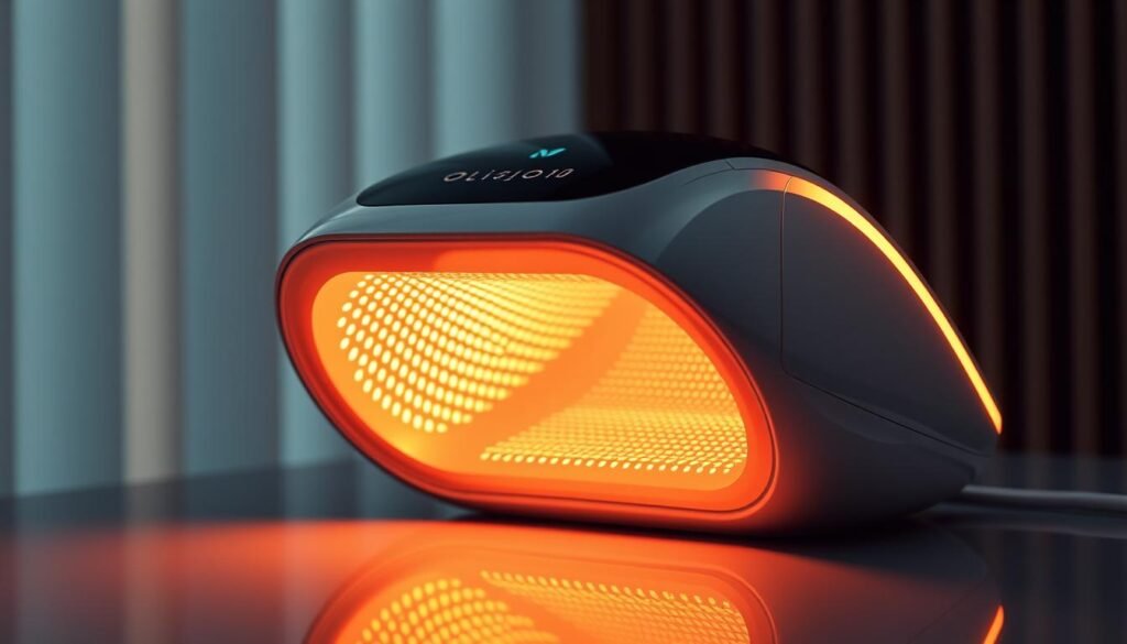 Oligio X 原美電波, a cutting-edge device from the Glowin Beaute brand, in a sleek and modern design. The device features a GXG deep and shallow layer heating mode, creating a focused and precise infrared heat to gently warm the skin. Soft ambient lighting illuminates the device, setting a soothing and therapeutic atmosphere. Capture the device from a high angle, showcasing its elegant form and the warmth it radiates. The image should convey the advanced technology and premium quality of the Oligio X 原美電波, inviting the viewer to explore its GXG deep and shallow layer heating capabilities.