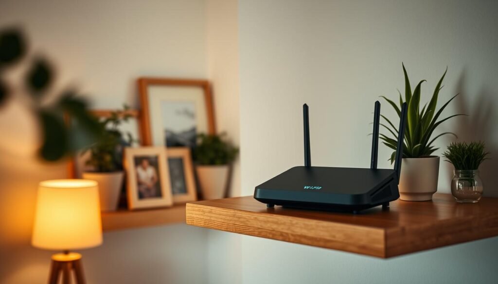 A cozy home interior with a Telecombrother WiFi router prominently displayed on a wooden shelf. The router is surrounded by various home decor elements like potted plants, picture frames, and a warm table lamp. The room is bathed in soft, diffused lighting, creating a inviting and relaxing atmosphere. The angle is slightly angled to showcase the router and its surroundings in an aesthetically pleasing composition. The focus is on the router, but the overall scene conveys a sense of a secure, well-designed home network setup.