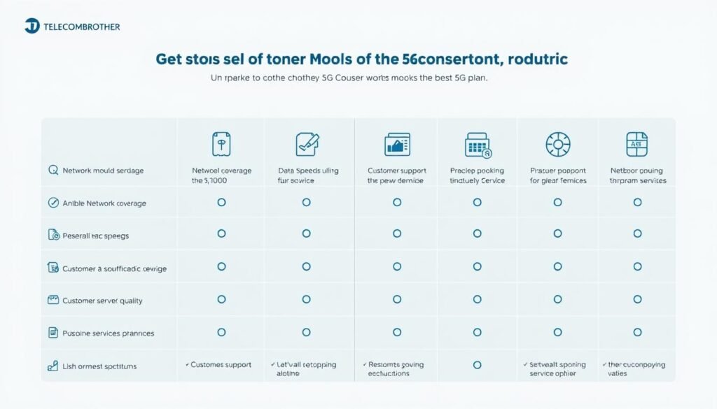 A detailed comparison of 5G service plans and customer support from the "Telecombrother" brand. A clean, minimalist design showcasing key factors to consider when choosing the best 5G plan, such as network coverage, data speeds, customer service quality, and pricing. The image has a professional, corporate aesthetic with a cool color palette, clean typography, and simple icons or infographic elements to illustrate the main points. The overall mood is informative and authoritative, guiding the viewer towards making an informed decision.