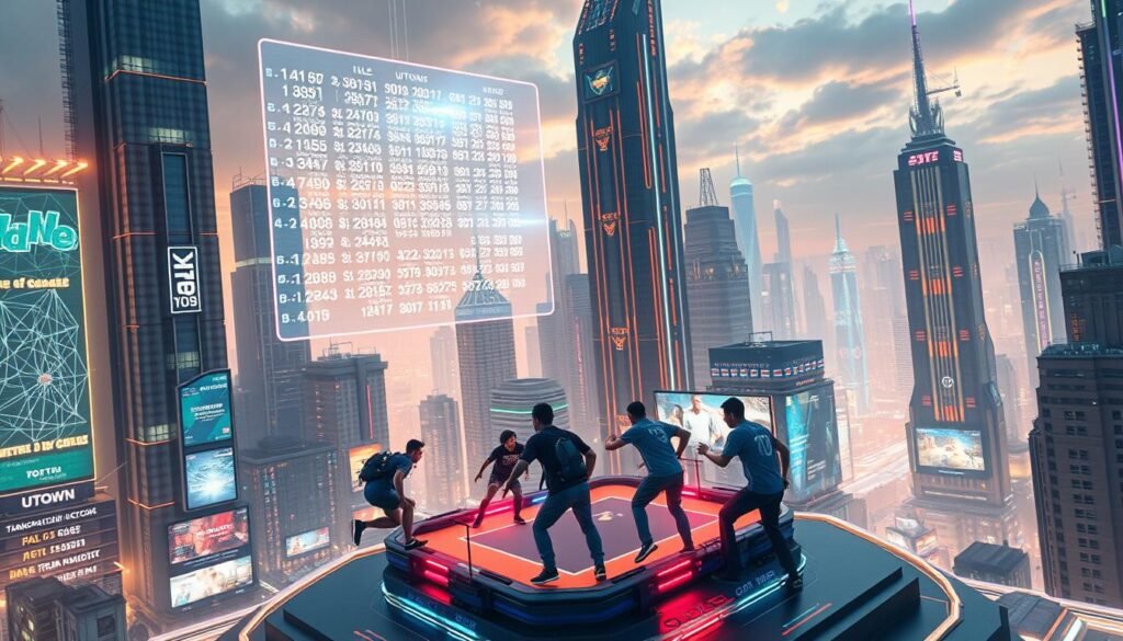 A detailed, futuristic cityscape with towering skyscrapers and holographic displays. In the foreground, a transparent blockchain ledger hovers, showcasing transparent transaction records. At the center, a group of UTown gamers compete in a virtual sports arena, their movements synced with the blockchain for fair and transparent gameplay. The scene is bathed in a warm, neon-tinged lighting, conveying a sense of technological innovation and progress.