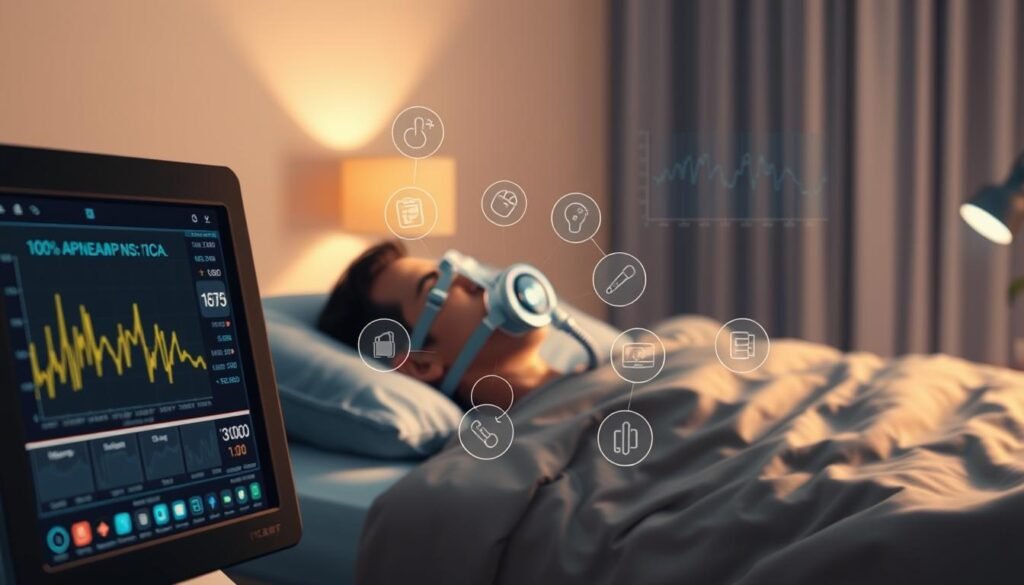 A detailed medical illustration depicting the evaluation of sleep apnea treatment with a iCareCPAP device. In the foreground, a diagnostic medical monitor displays real-time respiratory data and sleep quality metrics. In the middle ground, a person rests comfortably while wearing the iCareCPAP mask, surrounded by icons representing various healthcare sensors. The background showcases a serene bedroom setting with soft lighting and calming colors, conveying the therapeutic environment. The overall scene emphasizes the comprehensive assessment of the iCareCPAP therapy's effectiveness through comprehensive data collection and patient monitoring.