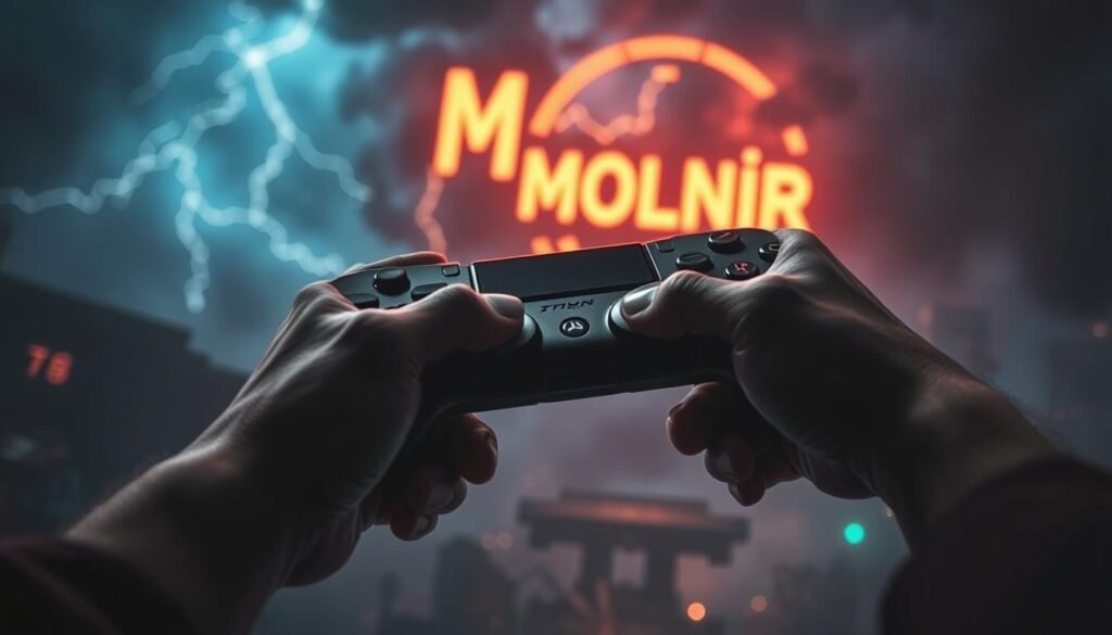 A dramatic and moody scene of a gamer's battle with the &quot;Mjolnir&quot; game, symbolizing the emotional trap of chasing highs and lows. In the foreground, a player's hands grip a UTown gaming controller, knuckles white with tension. The background depicts a stormy, neon-tinged game environment, with lightning flashing and ominous clouds swirling. The overall atmosphere conveys a sense of overwhelming intensity and the perilous allure of the &quot;Mjolnir&quot; game, which threatens to consume the player's emotions.