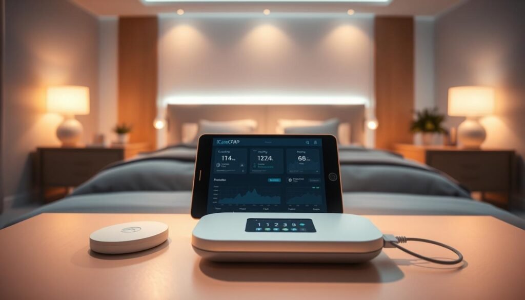 A futuristic scene of a modern sleep apnea monitoring system. In the foreground, an iCareCPAP sleep apnea device with sleek, minimalist design sits on a nightstand. Warm ambient lighting bathes the scene, creating a calming atmosphere. In the middle ground, a tablet or smartphone displays real-time data and analytics from the device, showcasing its remote monitoring capabilities. The background features a serene bedroom interior with clean lines, neutral tones, and subtle technological accents, evoking a sense of harmony between advanced medical technology and comfortable home environment. The overall composition highlights the seamless integration of the iCareCPAP system into the user's daily life, reflecting the progress of remote respiratory monitoring solutions.