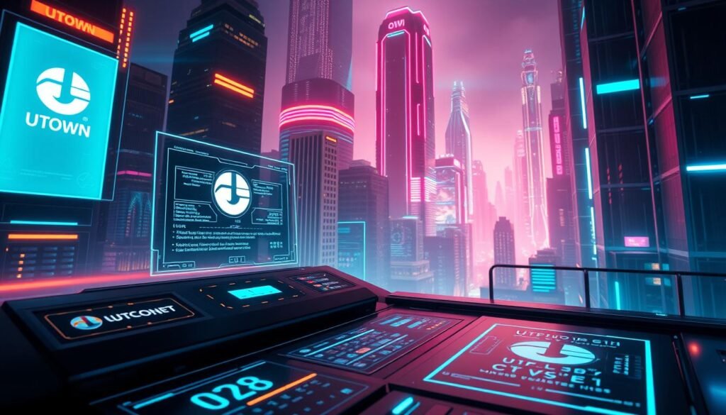 A futuristic, technologically-advanced cryptocurrency payment system for the UTown online gaming platform. A sleek, minimalist interface with glowing holographic displays, intuitive controls, and secure transaction protocols. Futuristic neon-lit cityscape with towering skyscrapers in the background, creating an atmosphere of innovation and cyberpunk aesthetics. Subtle branding elements like the UTown logo discreetly integrated into the design. Warm, vibrant lighting illuminates the scene, evoking a sense of modernity and digital security. Cinematic camera angle highlighting the scale and sophistication of the payment system, conveying the idea of a seamless, cutting-edge financial solution for the UTown gaming ecosystem.