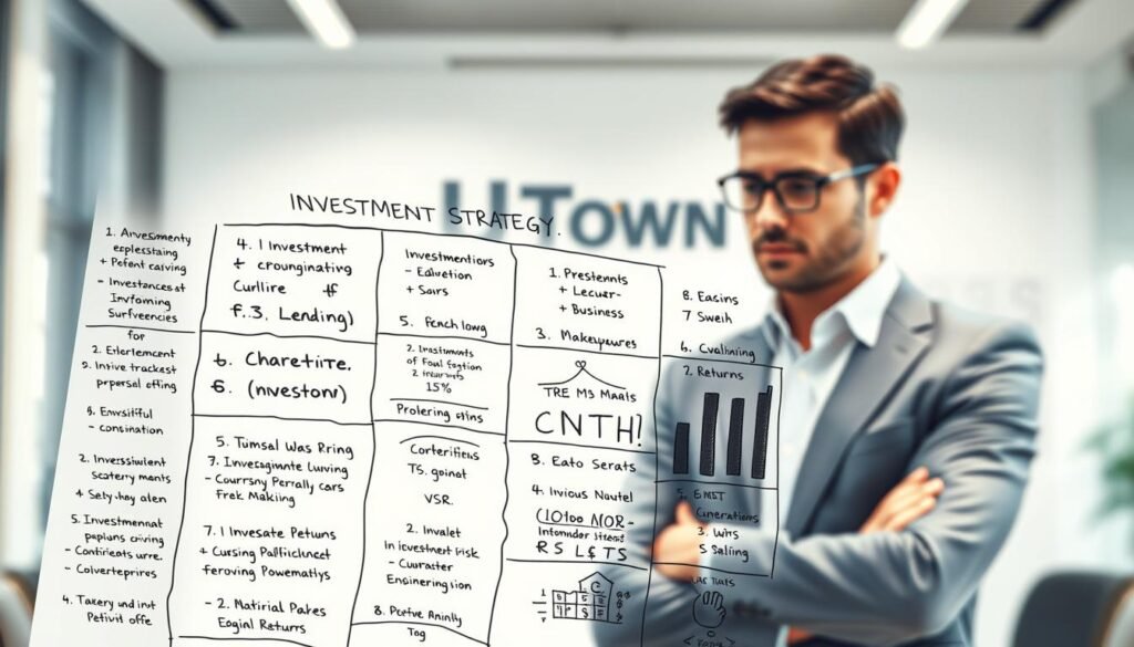 A high-resolution digital illustration depicting a detailed investment strategy diagram. In the foreground, a hand-drawn chart showcases various investment options, risk levels, and potential returns. The middle ground features a thoughtful investor studying the chart, with a focused expression. The background blurs into a clean, minimalist UTown office setting, providing a professional and authoritative atmosphere. The overall scene conveys a sense of strategic planning, financial discipline, and confident decision-making.