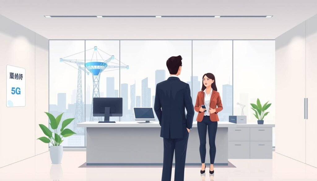 A modern, sleek, and high-tech illustration of the "5G Plan客戶服務評測" subject, featuring the Telecombrother brand. The scene depicts a minimalist office setting with clean lines, neutral tones, and subtle branding elements. In the foreground, a customer service representative in a tailored suit is engaged in a professional discussion with a customer, both captured in a natural, candid pose. The middle ground showcases 5G network infrastructure and devices, conveying the advanced technological capabilities. The background features a city skyline, hinting at the widespread 5G coverage. The lighting is soft and evenly distributed, creating an atmosphere of professionalism and trust. The overall composition is balanced and visually appealing, reflecting the comprehensive evaluation of the 5G plan customer service quality across the major telecommunication providers.
