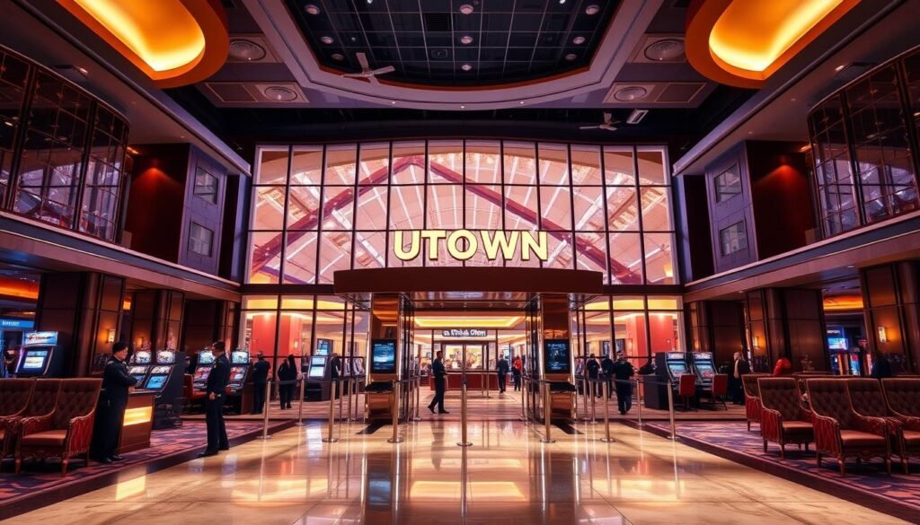 A modern, sleek casino interior with a focus on security measures. The UTown Entertainment City lobby is bathed in warm, inviting lighting, with a prominent security checkpoint at the entrance. Uniformed guards carefully screen visitors, while discreet surveillance cameras monitor the area. The floor plan is open and spacious, allowing for clear sightlines and efficient crowd control. Elegant furnishings and decor exude a sense of sophistication and safety. The overall atmosphere conveys the message that UTown prioritizes the wellbeing and protection of its patrons.