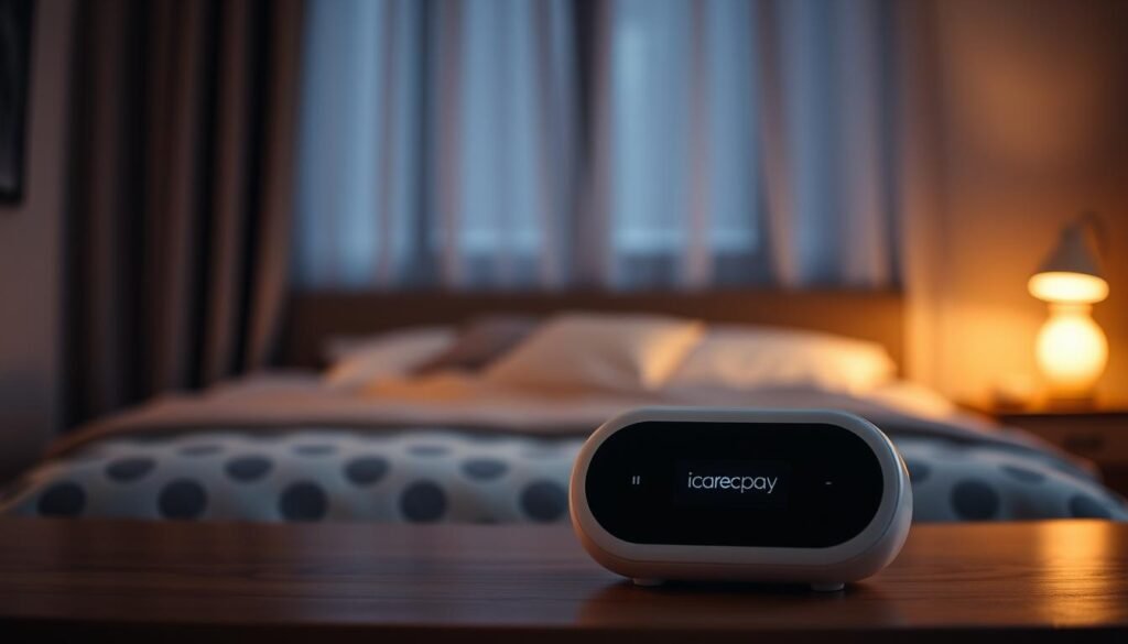 A sleek, personal sleep apnea machine with the iCareCPAP brand name prominently displayed. The device is positioned in the foreground, with a soft, warm lighting illuminating its smooth, minimalist design. The middle ground features a serene, cozy bedroom setting, with a comfortable bed and nightstand in the background. The overall atmosphere is calming and inviting, reflecting the personalized, user-friendly nature of the sleep apnea monitoring solution. The image conveys the sense of a well-integrated, tailored medical device that seamlessly blends into a personal living space.
