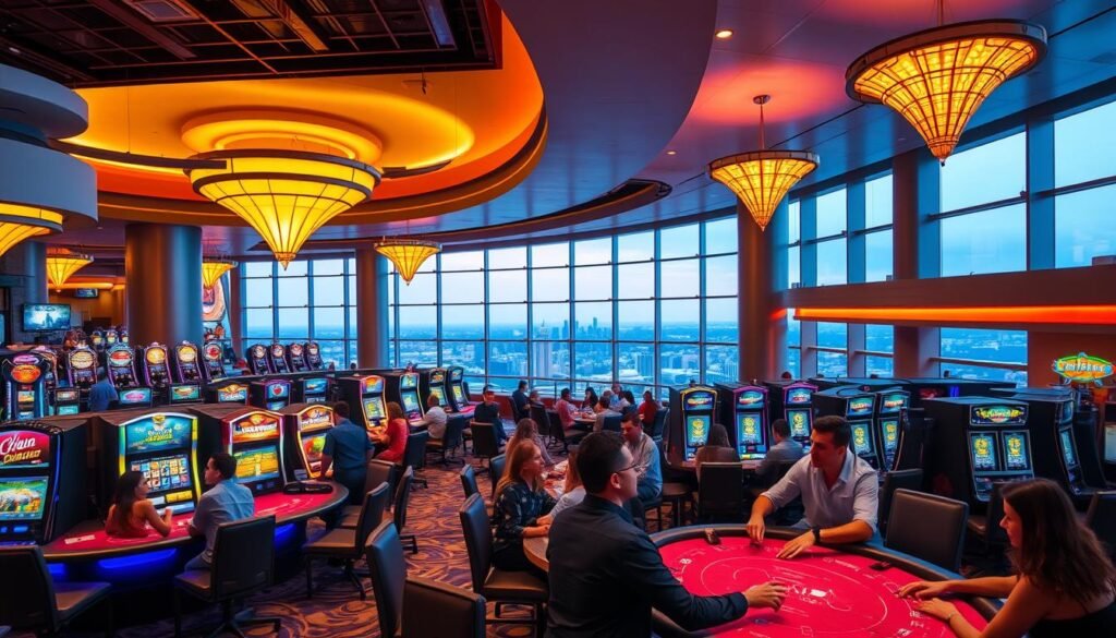 A vibrant casino interior filled with a variety of gaming tables and slot machines. In the foreground, a group of players engages in a lively round of blackjack, their expressions focused and competitive. The middle ground showcases the sleek, modern design of the UTown casino, with its high ceilings, neon-lit accents, and plush seating areas. In the background, a panoramic view of the city skyline can be seen through large windows, creating a sense of immersion and excitement. The lighting is warm and inviting, with a touch of glamour, perfectly capturing the thrilling atmosphere of a premier gaming destination.