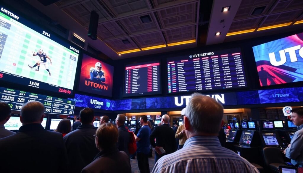 Detailed scene of a sports betting arena, featuring a large digital display showcasing live odds and statistics. In the foreground, bettors intently observe the display, engrossed in the "live betting" or "in-play betting" experience. The middle ground showcases betting terminals and cashiers, creating a vibrant atmosphere. The background depicts the UTown logo, indicating the setting of this sports betting establishment. The lighting is bright and focused, creating a sense of energy and anticipation. The camera angle captures the dynamic interplay between the technology, the bettors, and the overall betting environment.