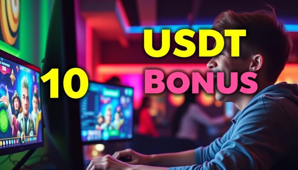 Generate an image of a person happily playing games on a computer with a 10 USDT bonus highlighted on the screen.