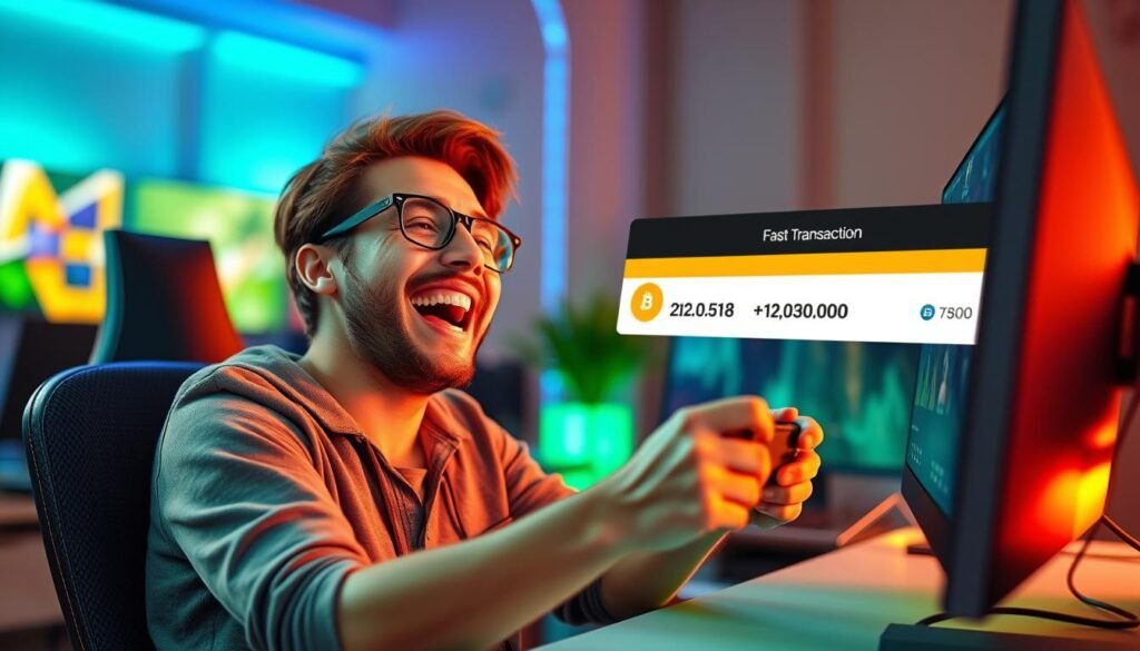 Generate an image of a person happily playing games on a computer with a fast transaction message on the screen.