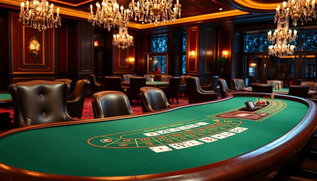 A grand baccarat table set in an elegant casino interior, illuminated by warm, ambient lighting. The table's green felt surface is immaculate, inviting players to gather around and learn the intricate rules of this classic card game. The table's edge is adorned with ornate wooden carvings, while in the background, plush leather armchairs and crystal chandeliers create an atmosphere of refined luxury. The scene captures the allure and mystique of baccarat, ready to guide the viewer through the nuances of this captivating game.