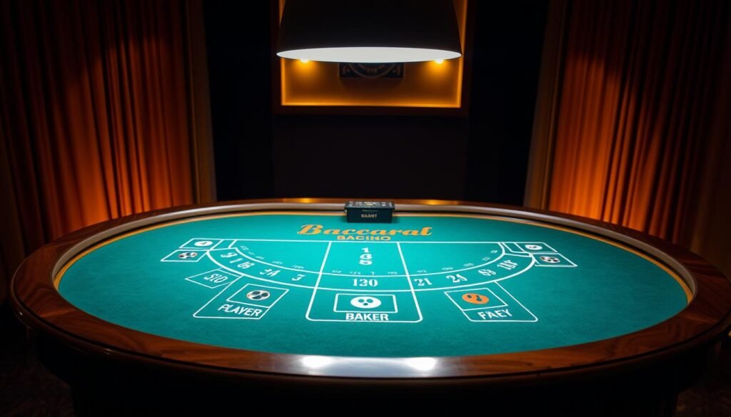 A serene and elegant casino table set against a dimly lit backdrop, casting a warm and inviting glow. On the table, the classic baccarat layout is prominently displayed, with clear delineations for the player, banker, and tie bets. The table surface is made of rich, polished wood, and the felt lining is a deep, luxurious green. Subtle lighting from above illuminates the table, creating a sense of drama and anticipation. The overall scene evokes the classic ambiance of a high-stakes baccarat game, ready to immerse the viewer in the allure and rules of this captivating casino pastime.