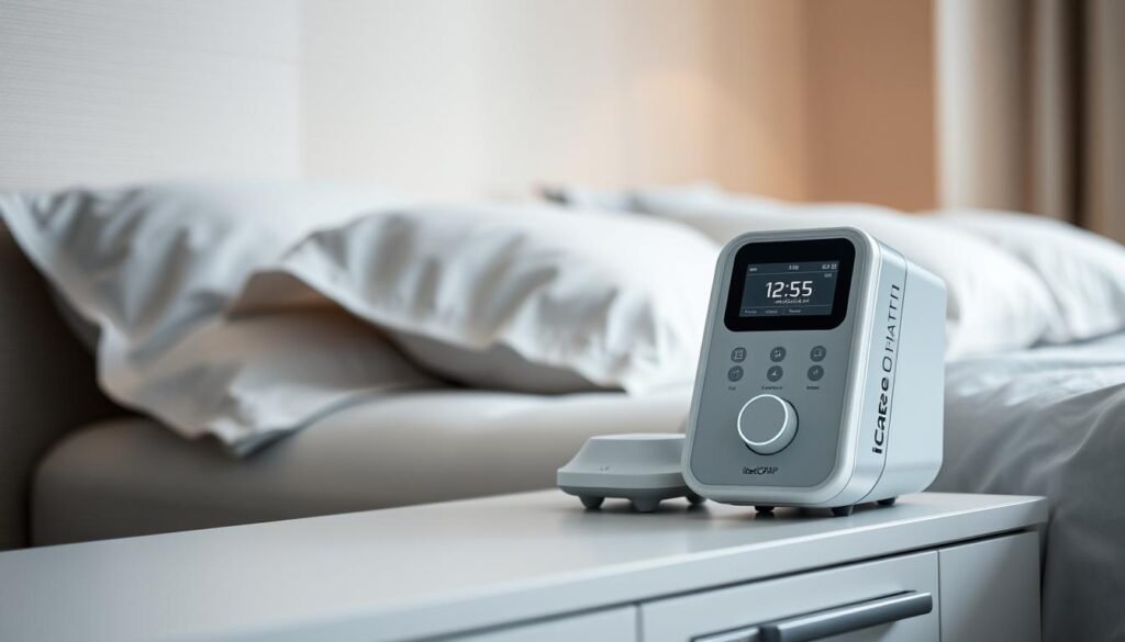A sleek, modern sleep apnea machine with the brand name "iCareCPAP" sits prominently on a minimalist bedside table. The machine's smooth, minimalist design is highlighted by soft, diffused lighting, creating a calming, therapeutic atmosphere. In the background, a serene, blurred bedroom scene with neutral-toned linens and textured walls sets the stage for a restful, restorative sleep experience. The angle showcases the machine's intuitive controls and display, emphasizing its user-friendly functionality. The overall composition conveys a sense of wellness, quality, and advanced sleep technology to complement the "睡眠呼吸機的選擇指南" section of the article.