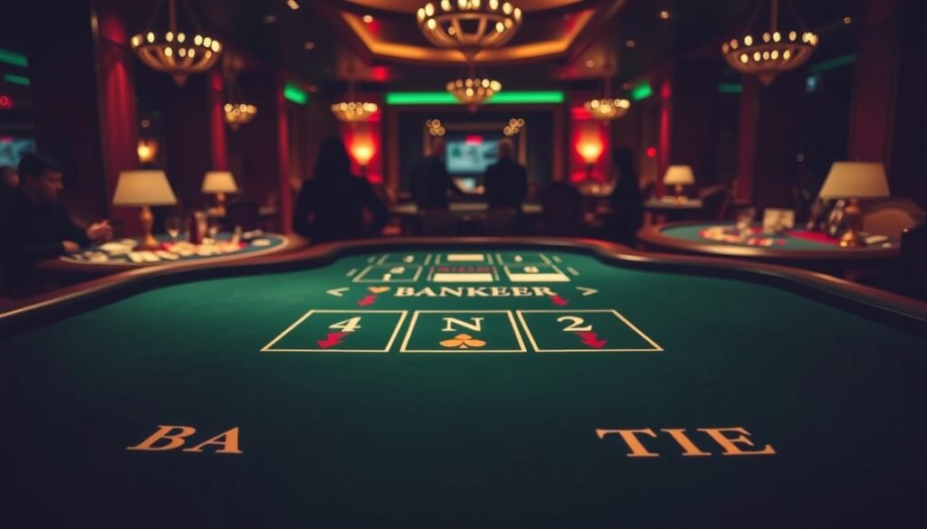A visually striking table set against a dimly lit casino environment, showcasing the various betting options for baccarat. The table's green felt surface is adorned with the classic baccarat markings, inviting players to navigate the choices of banker, player, and tie. Soft, moody lighting casts dramatic shadows, creating an air of anticipation and excitement. In the background, the hazy silhouettes of other gaming tables and patrons add to the immersive atmosphere, capturing the essence of a high-stakes casino setting. The composition emphasizes the focal point of the baccarat betting options, drawing the viewer's attention to the core of the game's strategic decision-making.