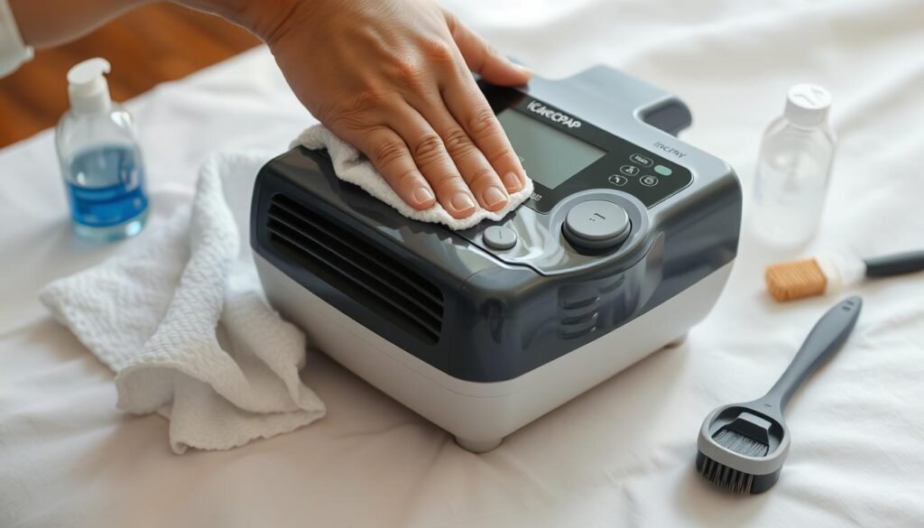 A well-lit close-up photograph of an iCareCPAP sleep apnea machine being carefully cleaned. The machine sits on a clean, white surface, with a soft cloth, mild cleaning solution, and a small brush visible nearby. The machine's exterior is meticulously wiped down, with attention paid to the vents and buttons. The overall scene conveys a sense of diligence and care in maintaining the respiratory equipment. The lighting is natural and slightly diffused, creating a crisp, clean aesthetic. The camera angle is slightly elevated, providing a detailed view of the cleaning process.