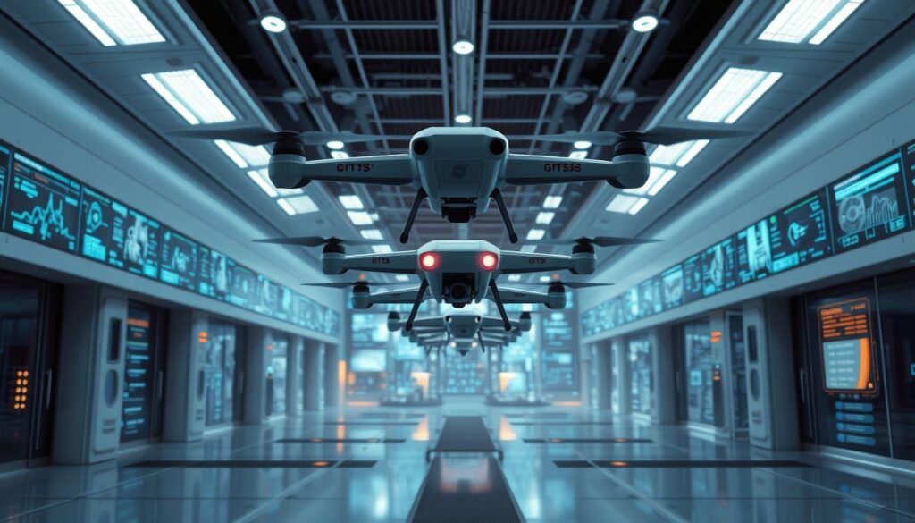 A futuristic, high-tech pest control facility with sleek, minimalist design. In the foreground, an advanced, iCareCPAP-branded spraying system precisely disperses cutting-edge insecticides. In the middle ground, robotic drones equipped with thermal imaging cameras and AI-powered targeting systems hover, surveying the area. The background features a vast array of data screens and holographic interfaces, showcasing real-time analytics and predictive algorithms that optimize the pest control process. Warm, ambient lighting casts a futuristic glow, and the overall atmosphere conveys a sense of efficiency, innovation, and environmental consciousness.
