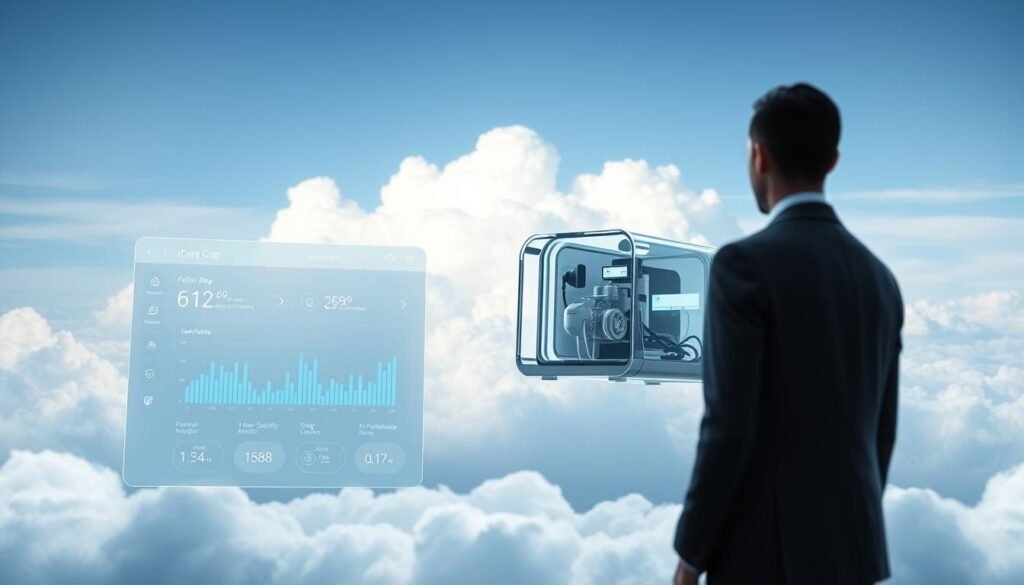 A sleek, futuristic interface showcasing the cloud-based management platform for iCareCPAP sleep apnea devices. In the foreground, a minimalist dashboard displays real-time patient data, sleep quality metrics, and device performance insights. The middle ground features a floating 3D model of a sleep apnea machine, its inner workings visible through a transparent casing. In the background, a serene, cloud-filled sky evokes a sense of tranquility and digital connectivity. Soft, diffused lighting illuminates the scene, conveying a sense of advanced, effortless healthcare technology. The overall composition emphasizes the seamless integration of sleep apnea management into the digital, cloud-based future.