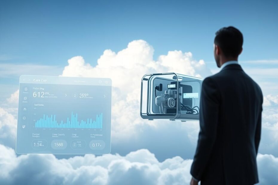 A sleek, futuristic interface showcasing the cloud-based management platform for iCareCPAP sleep apnea devices. In the foreground, a minimalist dashboard displays real-time patient data, sleep quality metrics, and device performance insights. The middle ground features a floating 3D model of a sleep apnea machine, its inner workings visible through a transparent casing. In the background, a serene, cloud-filled sky evokes a sense of tranquility and digital connectivity. Soft, diffused lighting illuminates the scene, conveying a sense of advanced, effortless healthcare technology. The overall composition emphasizes the seamless integration of sleep apnea management into the digital, cloud-based future.