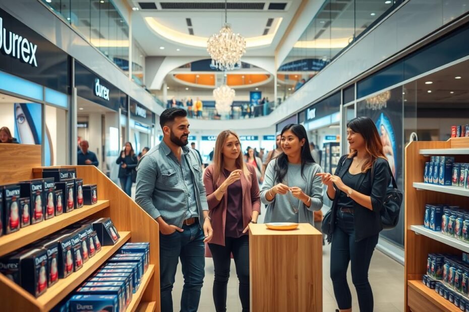 A contemporary and vibrant shopping scene inside Moon River Mall, focusing on a well-lit, inviting Durex display. In the foreground, showcase neatly arranged packaging of Durex products on elegant wooden shelves, with eye-catching colors and branding. In the middle ground, a diverse group of three casually dressed individuals, appearing thoughtful and engaged, discussing product options while pointing at various items, reflecting a friendly atmosphere. The background features modern mall architecture with bright lighting and shoppers strolling, creating a lively environment. Capture the essence of convenience and exploration in this shopping experience, using a soft focus lens to evoke warmth and approachability, ensuring the overall composition conveys a sense of intimacy and suitability for all couples.