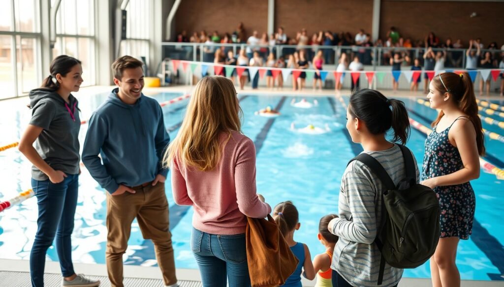 A vibrant and dynamic scene capturing the social impact of swimming clubs on teenagers. In the foreground, a diverse group of teens, dressed in modest casual clothing, engage in a friendly discussion, reflecting camaraderie and shared experiences. They are standing by a modern swimming pool, showcasing the excitement of youth engagement in swimming activities. In the middle ground, coaches and adult volunteers are guiding younger children in swim techniques, highlighting mentorship and growth. The background features a lively swimming competition with spectators cheering, creating an atmosphere of enthusiasm and support. Soft natural lighting enhances the warm, inviting setting, while a slightly wide-angle view captures the energy of the scene. The overall mood is inspiring, emphasizing community, teamwork, and the positive influence of swimming on youth development.