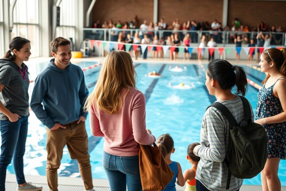 A vibrant and dynamic scene capturing the social impact of swimming clubs on teenagers. In the foreground, a diverse group of teens, dressed in modest casual clothing, engage in a friendly discussion, reflecting camaraderie and shared experiences. They are standing by a modern swimming pool, showcasing the excitement of youth engagement in swimming activities. In the middle ground, coaches and adult volunteers are guiding younger children in swim techniques, highlighting mentorship and growth. The background features a lively swimming competition with spectators cheering, creating an atmosphere of enthusiasm and support. Soft natural lighting enhances the warm, inviting setting, while a slightly wide-angle view captures the energy of the scene. The overall mood is inspiring, emphasizing community, teamwork, and the positive influence of swimming on youth development.