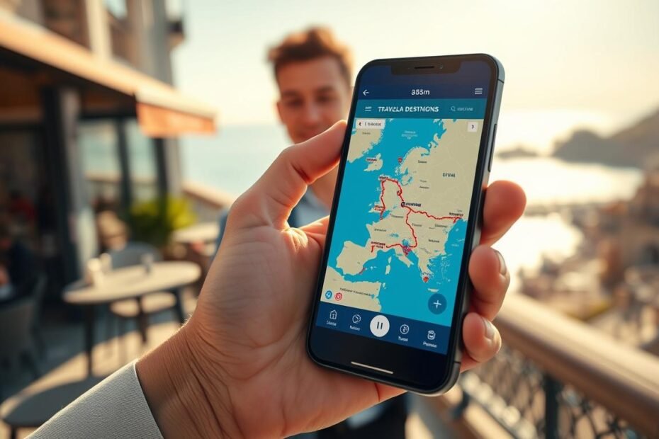 A sleek smartphone displaying the OceanEsim travel navigation application interface, prominently featuring a vibrant, interactive map of a popular overseas destination. In the foreground, a hand holding the phone appears engaged, showcasing a modern, youthful traveler in business casual attire. The middle ground includes subtle elements like a blurred café or travel agency, emphasizing a smooth travel experience. In the background, a picturesque coastal view blends with landmarks, depicted in warm lighting, reflecting a bright, sunny day. The atmosphere conveys excitement and ease of navigation in a foreign environment. The image has a soft focus effect, highlighting the phone's screen while subtly blurring the surroundings to enhance the user experience theme.
