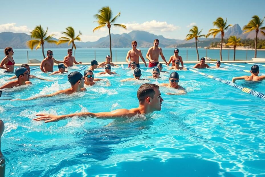A vibrant scene depicting a swimming team participating in an international training camp abroad. In the foreground, a diverse group of male and female swimmers, dressed in professional training attire, are engaged in intense training, practicing strokes in a modern Olympic-sized swimming pool. The middle background reveals coaches providing guidance and sharing techniques, fostering a spirit of collaboration and learning. The background features a sunny, picturesque coastal landscape with palm trees and mountains, suggesting an exotic location. Bright, natural lighting enhances the scene's energy, while the camera angle captures both the action in the pool and the serene beauty of the surroundings, creating an atmosphere of aspiration and global unity in sport.