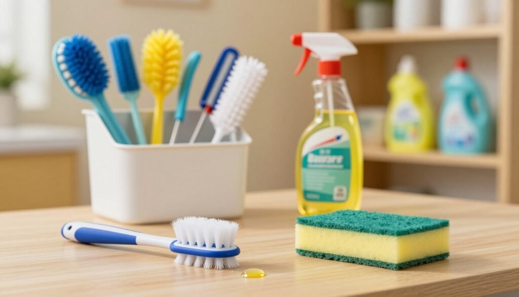 A clean and organized workspace featuring a vibrant array of airplane cup cleaning tools and cleaning liquid. In the foreground, showcase a durable, ergonomic brush and a gentle sponge designed specifically for maintenance, glistening drops of cleaning solution nearby. The middle ground should have an elegantly designed storage container that holds various cleaning implements, with a clear, labeled bottle of the cleaning liquid in vibrant packaging. The background features a soft-focus shelf displaying neatly arranged cleaning supplies, with warm lighting creating a cozy and inviting atmosphere. The image evokes a sense of care and meticulousness, highlighting the essential steps in maintaining cleanliness. The composition is shot from a slightly elevated angle to capture all elements harmoniously, framed in a 4:3 aspect ratio for an intimate feel.