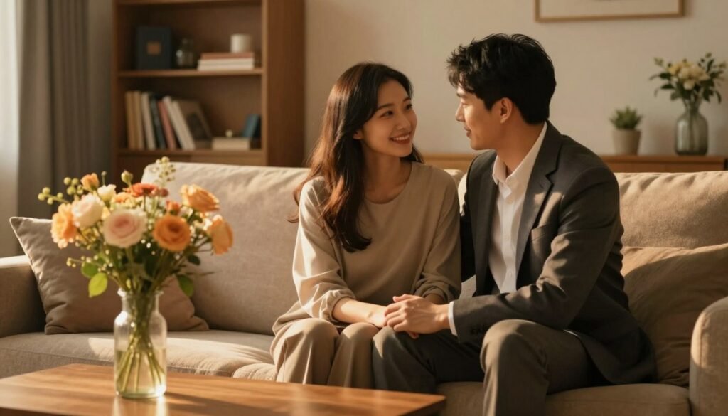 A cozy and intimate scene depicting a couple in a softly lit living room. The couple, dressed in professional business attire, sits closely together on a plush sofa, engaged in a heartfelt conversation. In the foreground, a small wooden table holds a beautifully arranged vase of flowers, symbolizing connection and affection. The middle ground features the couple, with warm golden lighting highlighting their expressions of warmth and understanding. In the background, a softly blurred bookshelf filled with books and decorative items creates a homey atmosphere, enhancing the sense of comfort and togetherness. The image captures a romantic vibe with cinematic lighting, inviting viewers to reflect on the significance of companionship in improving life quality. Shot in a 4:3 aspect ratio.