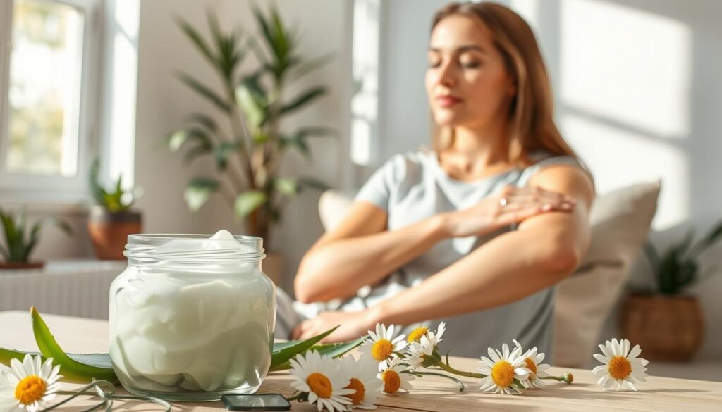 A soothing scene depicting the effectiveness of natural ingredients for eczema relief. In the foreground, a clear glass jar filled with organic herbal creams, surrounded by fresh aloe vera leaves and chamomile flowers. The middle ground features a person with fair skin, seated comfortably in a serene, well-lit room, applying the cream to their forearm, showcasing healthy, radiant skin. Soft sunlight filters through a nearby window, creating a warm, inviting atmosphere. The background displays a calming, minimalist setting with light-colored walls and potted plants, emphasizing tranquility and wellness. The overall mood is peaceful and nurturing, reflecting the healing properties of natural solutions for skin conditions.